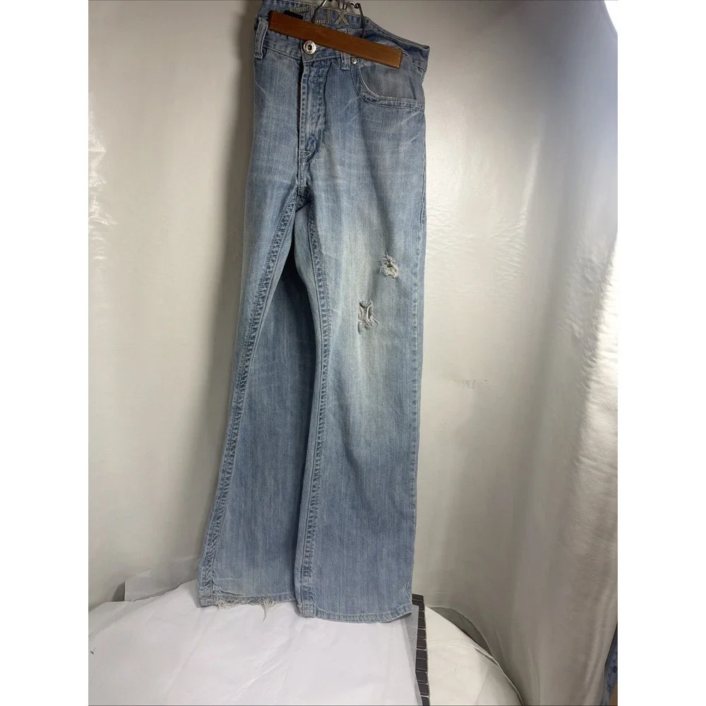 Helix‎ Mens Jeans 36x34 Boot Cut Medium Wash whiskered Stylish Fray 5 Pocket